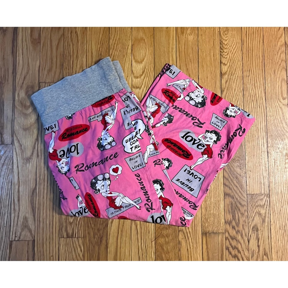 Betty Boop Pink Romance Pajama Pants Gray Foldover Waist Lounge Bottoms Y2K